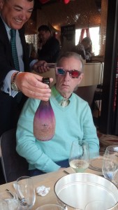 Torelló 3D BY Custo 2007, DO Cava comes with 3D glasses (which Michael Birchenall of Food Service Monthly is wearing), but the U.S. has not approved the wine for import because of the (intentionally) unclear label.